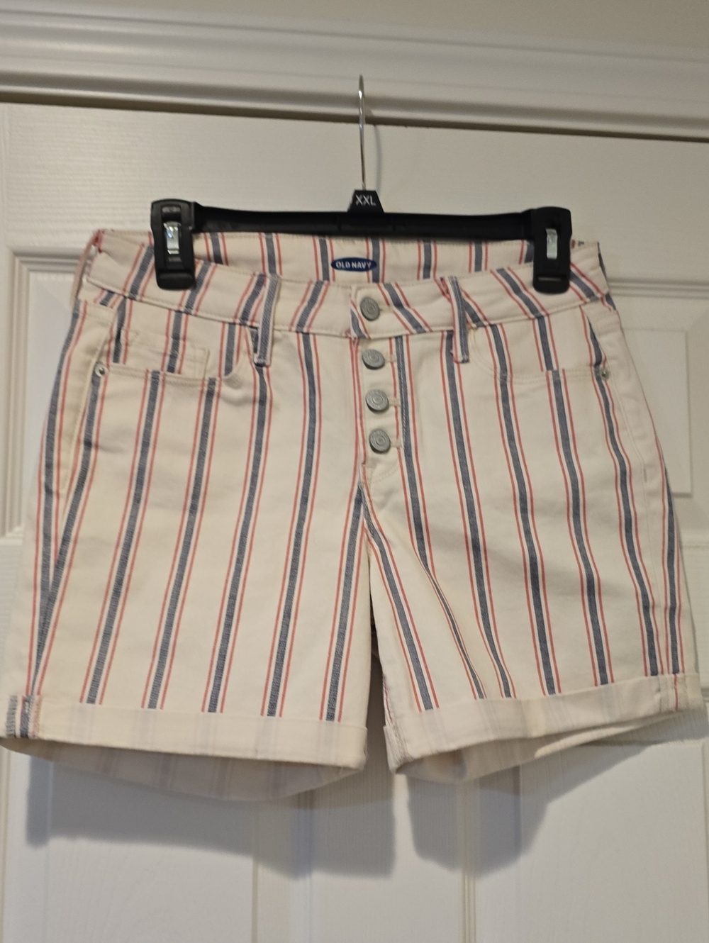 Old Navy Cream Jean Shorts with Red & Blue Stripes